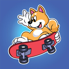 Shiba inu playing skate board with cute pose. Animal vector icon illustration 