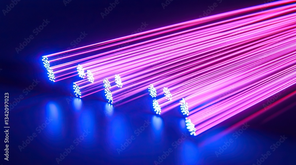 Poster groups of abstract optical fiber lines carry bright light signals, enabling rapid data transmission 
