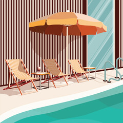 Hotel with a swimming pool.  Modern design of a retro postcard featuring the hotel. Vacation spot - travel, sun lounger, umbrella, water, cocktail, relaxation