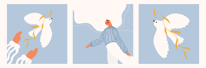 Peace. Set of illustrations with a girl and a dove of peace. Peace and the dove. Doves of peace. Vector illustration of doves and a free-spirited girl. Free movement. Freedom