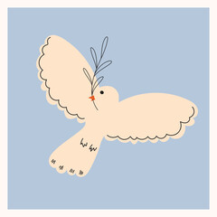 Dove with a twig. Dove of peace. Peace and tranquility. Vector illustration of a dove. Greeting card with a dove