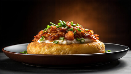 Delicious loaded baked potato topped with bacon and scallions  