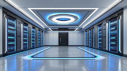 Futuristic server room with computer racks and glowing lights on display