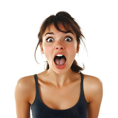 Surprised woman expressing shock and excitement with an open mouth and wide eyes on a white background.