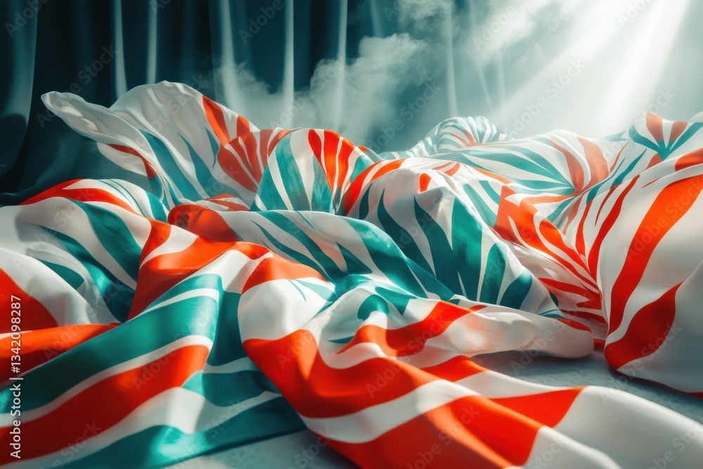 Aufkleber a dynamic composition of flowing fabric in orange, teal, and white, featuring a leaf-like pattern, c