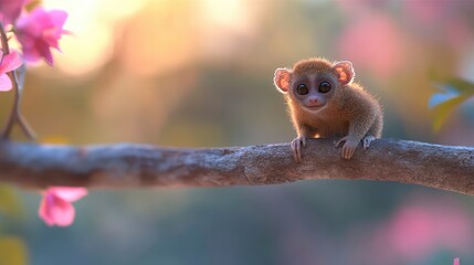 Obraz premium Adorable baby lemur perched on a tree branch at sunset, surrounded by pink blossoms.