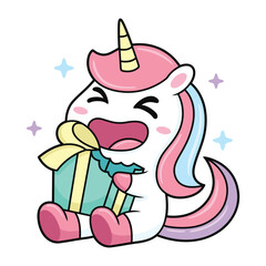 Cute unicorn with birthday box cartoon. Animal vector icon illustration