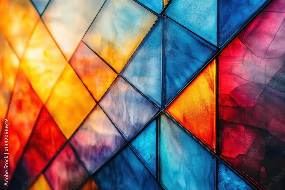 Aufkleber a vibrant stained glass window with triangular patterns blending hues of yellow, blue and red creati