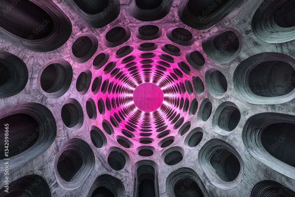 Poster a captivating view of a modern architecture with a concrete structure featuring a pattern of oval op