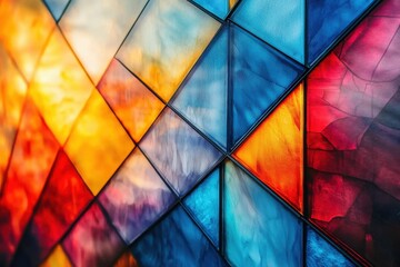 A vibrant stained glass window with triangular patterns blending hues of yellow, blue and red creating a kaleidoscope effect with light shining through the glass panes.