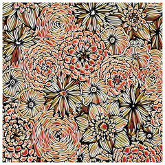 A vibrant, floral design featuring intricate patterns of roses, daisies, and other blossoms in red, orange, and black hues. It could be used as a wallpaper, fabric design, or other decorative elements