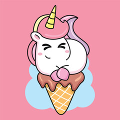 Cute unicorn stand on ice cream cartoon. Animal vector icon illustration