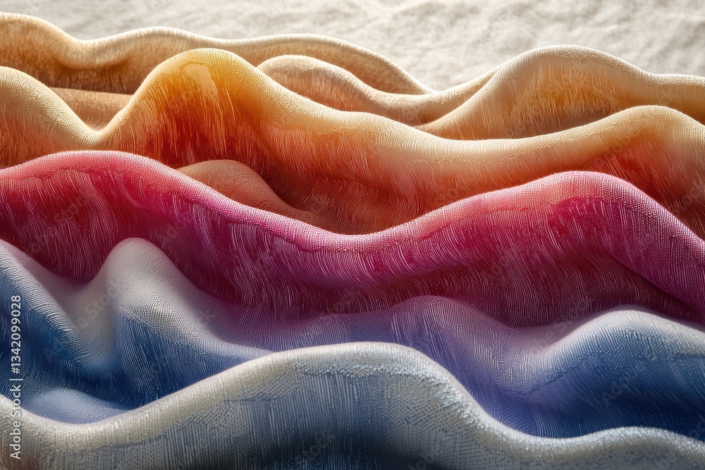 Poster macro shot of textured fabric with vibrant gradient colors and subtle waves, creating a soft and dre