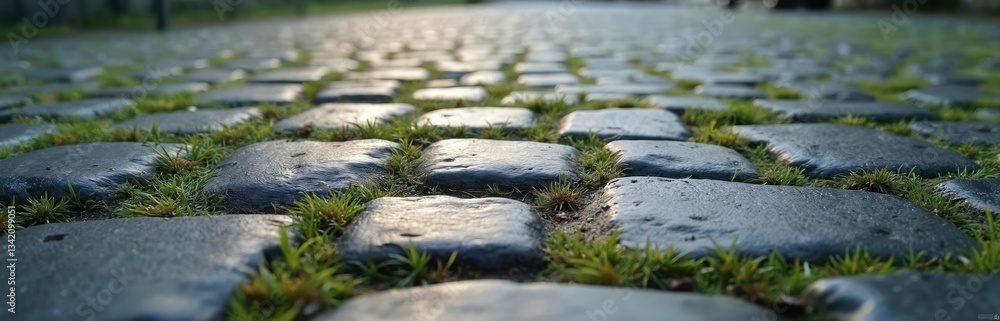 Poster cobblestone pavement road with green grass. old grey square stone blocks texture perspective backgro
