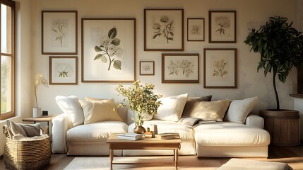 Soft light fills the rustic living area adorned with botanical artwork on the walls. A comfortable sofa, a coffee table, and a vase of flowers create an inviting atmosphere.
