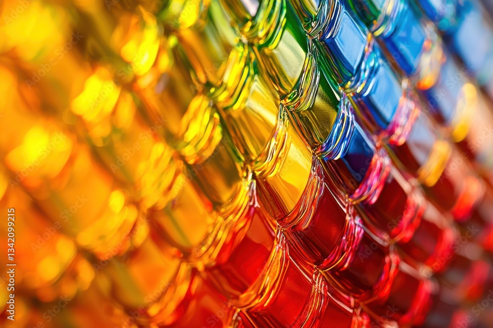 Poster a vibrant, eye-catching abstract pattern featuring overlapping rainbow colored scales with glossy te
