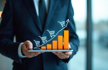 Businessman holds tablet displaying bar graph with shopping cart icons symbolizing e-commerce sales growth. Orange columns, growing arrow. Mobile sales data analysis in modern business environment.