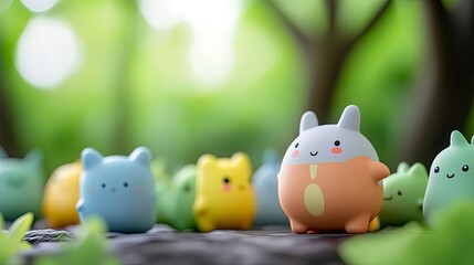 Adorable cartoon animals figurines in a lush green forest setting.