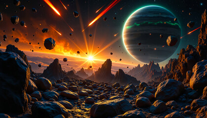Obraz premium A breathtaking sunrise over a frozen alien planet, with cosmic clouds drifting in the sky.