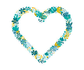 Coeur composé de multiples fleurs, feuilles et branches pour illustrer l'amour - Saint valentin, événement amoureux ou témoignage - Motifs floraux modernes, design éditable et festif - Illustration