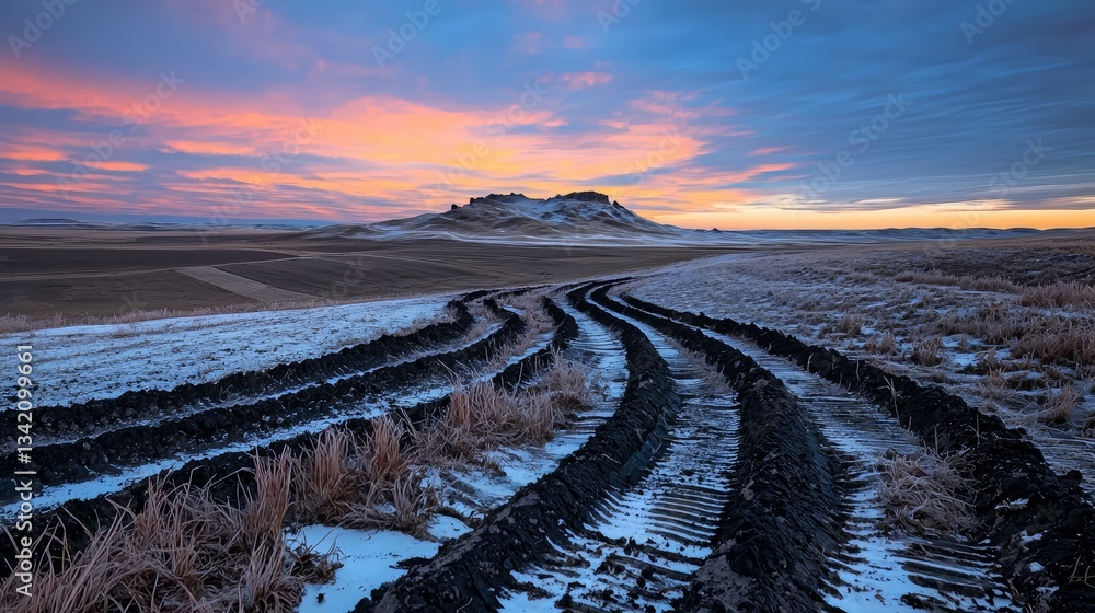 Poster desolate, snow-covered field with a large mountain in the background. the sky is a mix of orange and