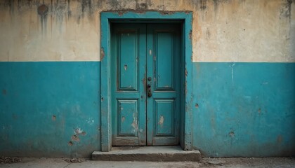 Weathered turquoise double door against blue wall with beige stripe. Old building exterior with aged wooden panels. Grungy texture, distressed paint, rustic charm, architectural detail, vintage