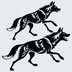 A  pack of wild dogs sprinting together image silhouette design vector art and illustration
