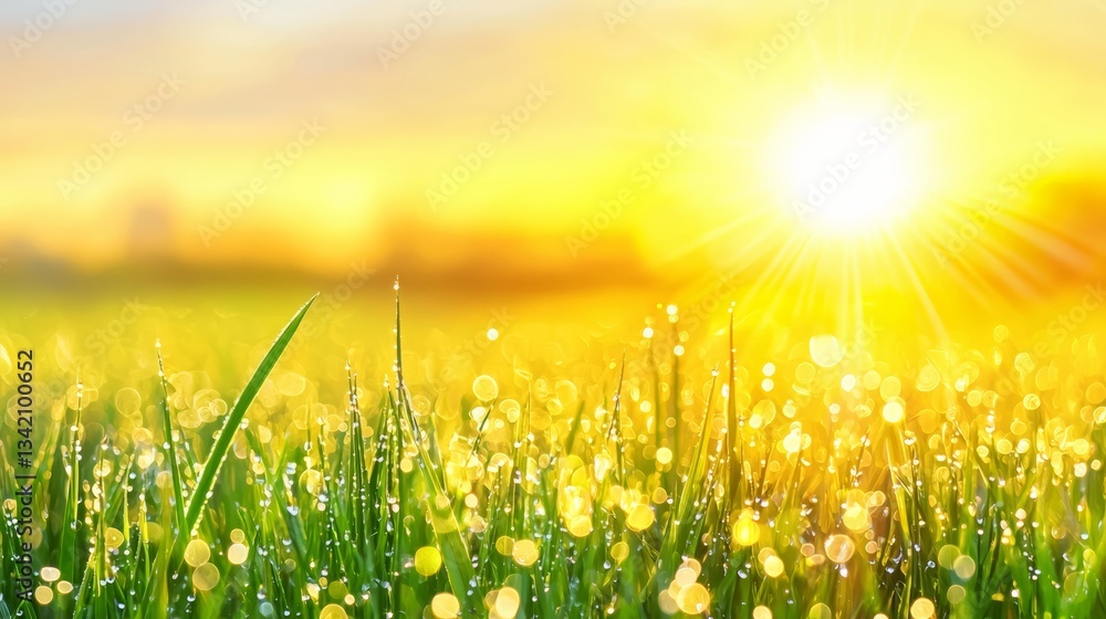 Aufkleber field of grass with a bright sun shining on it. the sun is the main focus of the image, and it creat