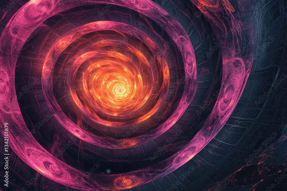 Poster abstract fractal spiral design with vibrant orange center and swirling pink patterns, creating a dyn