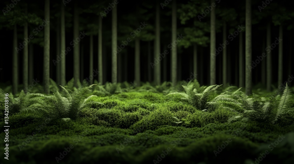 Poster Forest with a lot of green moss and trees. The image is dark and moody. The moss and trees create a sense of calm and serenity