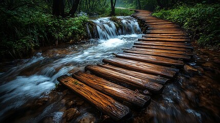 Obraz premium Wooden Footbridge Over Stream in Lush Forest