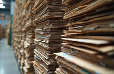 Stacks of waste cardboard bales ready for recycling. Piles of paper, promoting sustainability, responsible waste management, environmental conservation, eco-friendly practices for greener planet.