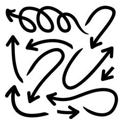 Vector Set of Hand-Drawn Arrows in Doodle Style with Curved, Wavy, and Thick Pointers for Directional Infographics, Graphic Design, and Creative Navigation