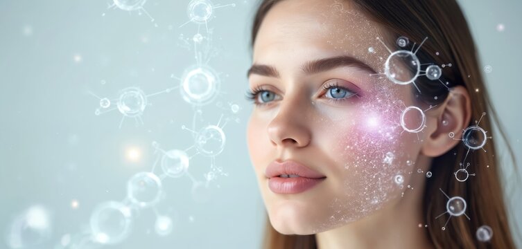 Young woman face with molecular skin treatment concept. Close up of anti aging beauty procedure with cosmetic innovative tech. Female gets nano skincare cosmetology at modern studio. Molecular skin