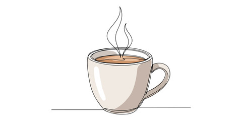cup of tea or coffee continuous single line minimalist illustration of a cup filled with tea or coffee, created using a continuous single line drawing technique. This simple hand drawn sketch captures