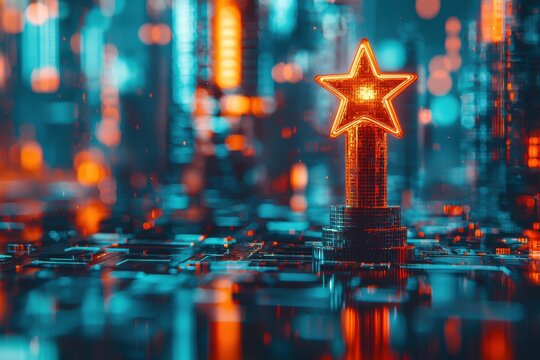 A gleaming digital star trophy on a circuit board landscape symbolizes tech excellence, innovation, and futuristic achievement in a vibrant, abstract style.