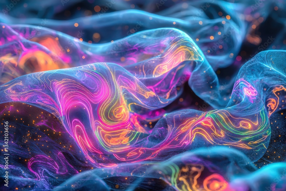 Poster an abstract, flowing fabric with glowing neon lines and particles, creating a futuristic and etherea