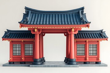 Fototapeta premium 3D Render of Traditional Japanese Gate, Red Wooden Torii Entrance, Asian Architecture