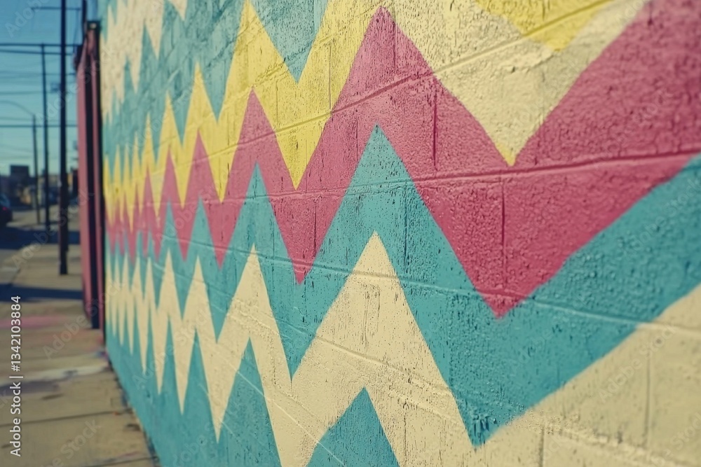 Poster a brick wall is adorned with a colorful zig-zag mural design, adding a playful and artistic touch to