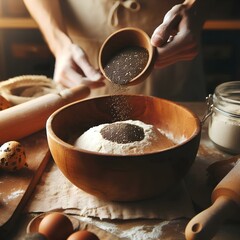 Chia in cooking – the process of preparation: a hand sprinkles chia seeds into bread dough. Flour, a wooden bowl, and the warm tones of the kitchen create a cozy atmosphere