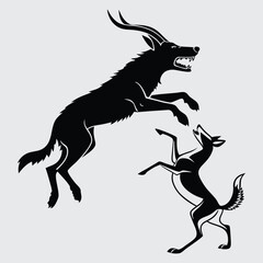 A wild dog tackling a gazelle mid-air image silhouette design vector art and illustration