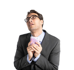 Happy businessman holding pack of cash money isolated on white background	