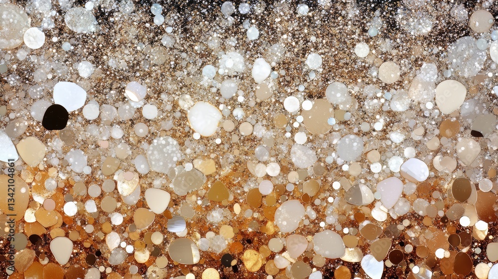 Aufkleber Gold and white background with many small circles. The circles are of different sizes and colors. The image has a dreamy and whimsical feel to it
