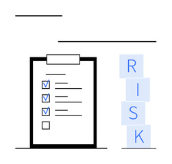 Clipboard checklist with ticked items alongside stacked letters forming RISK. Ideal for project planning, task management, risk assessment, decision-making, business strategy, evaluation processes