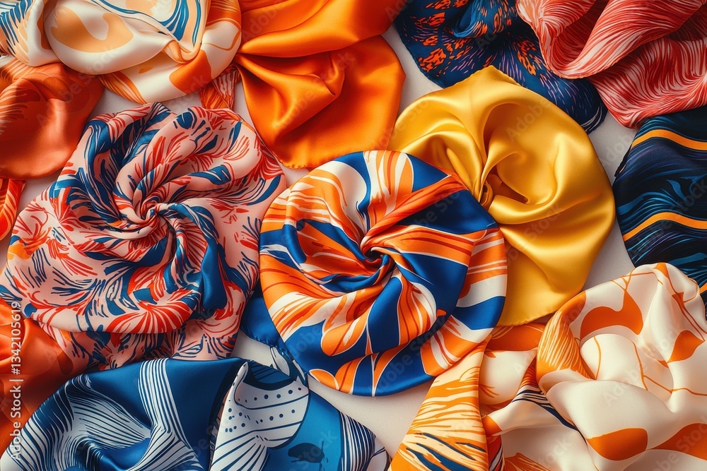 Poster a vibrant assortment of silk scarves in bold colors and abstract patterns, creating an eye-catching 