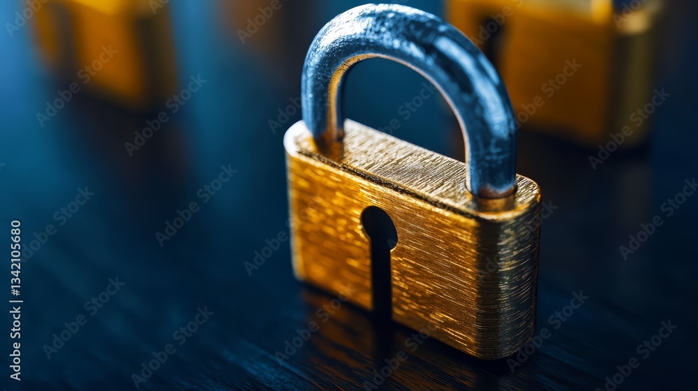 Poster gold lock with a keyhole sits on a wooden surface. the lock is open, revealing the keyhole