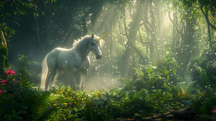 Majestic Unicorn in Enchanted Forest with Magical Light and Mystical Atmosphere