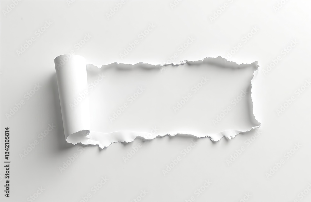 Poster White torn paper design element with cutout. Ripped edges, abstract shape with rough texture, minimalist style. Empty space can be used for message or graphics. Decorative craft material.