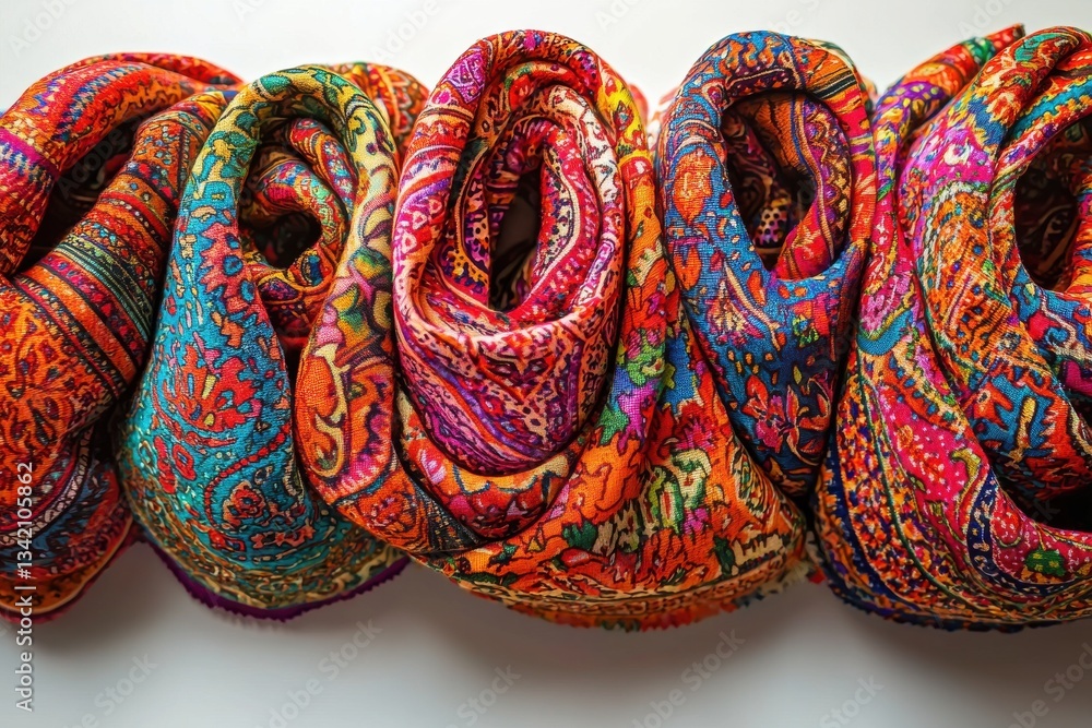 Poster a vibrant collection of intricately patterned scarves in a spectrum of colors, showcasing rich textu