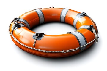 Realistic 3D Render of Orange Lifebuoy with Rope, Maritime Safety Equipment